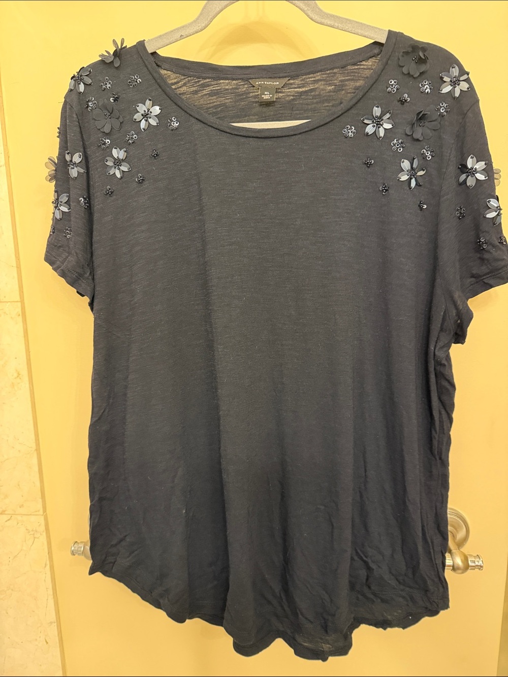Ann Taylor Navy Blue Short Sleeve Tee with 3D Floral Embellishments